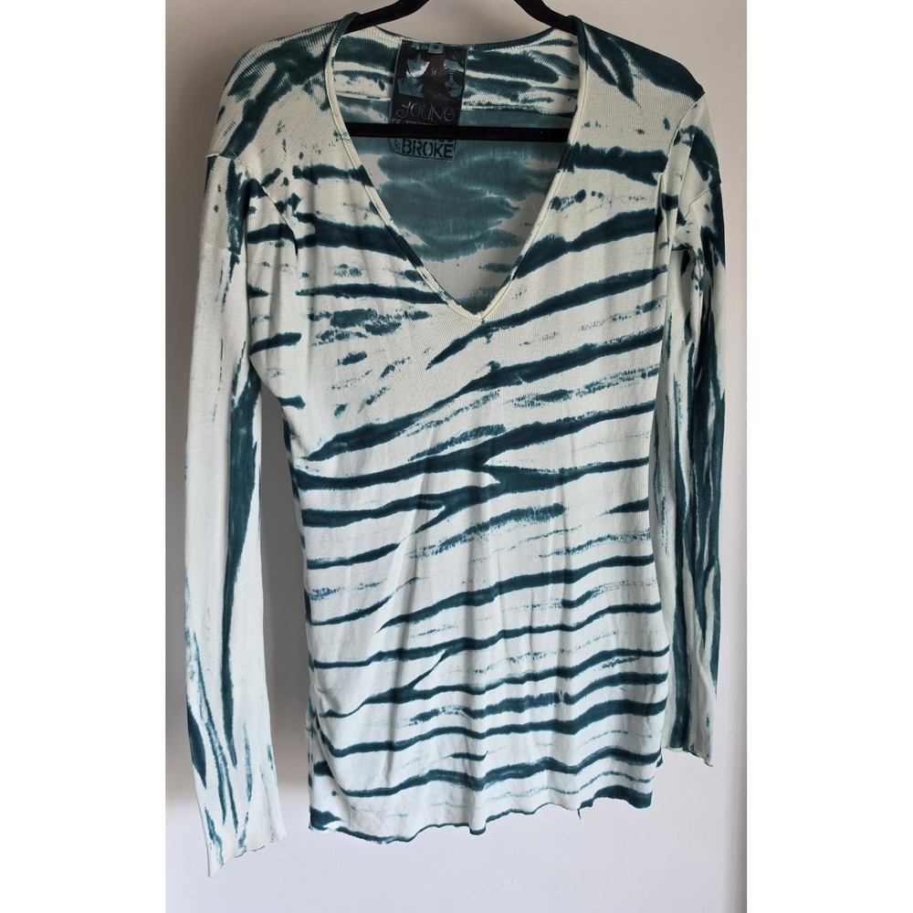 Young Fabulous & Broke Long Sleeve Top S Tie-Dye Teal White V-Neck
